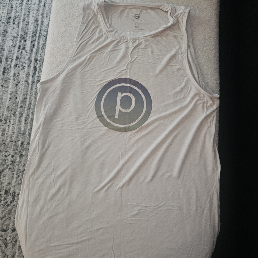 Pure Barre Noli White Tank Top with Blue and Green Logo